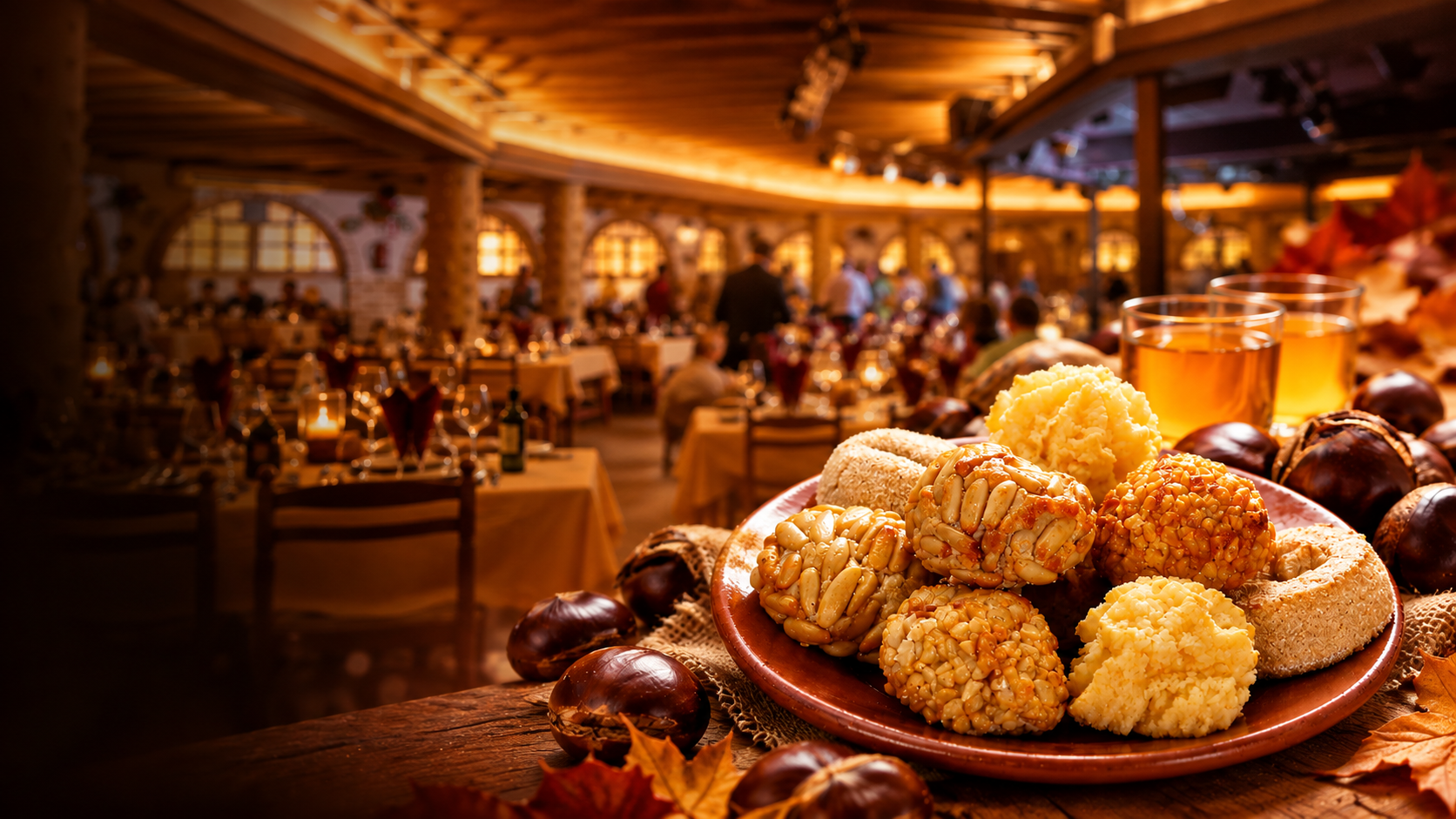 Montaje ilustrativo de la Fiesta de la Castaña: panellets, castañas y vasos de moscatel en primer plano, con una sala de comedor al fondo.