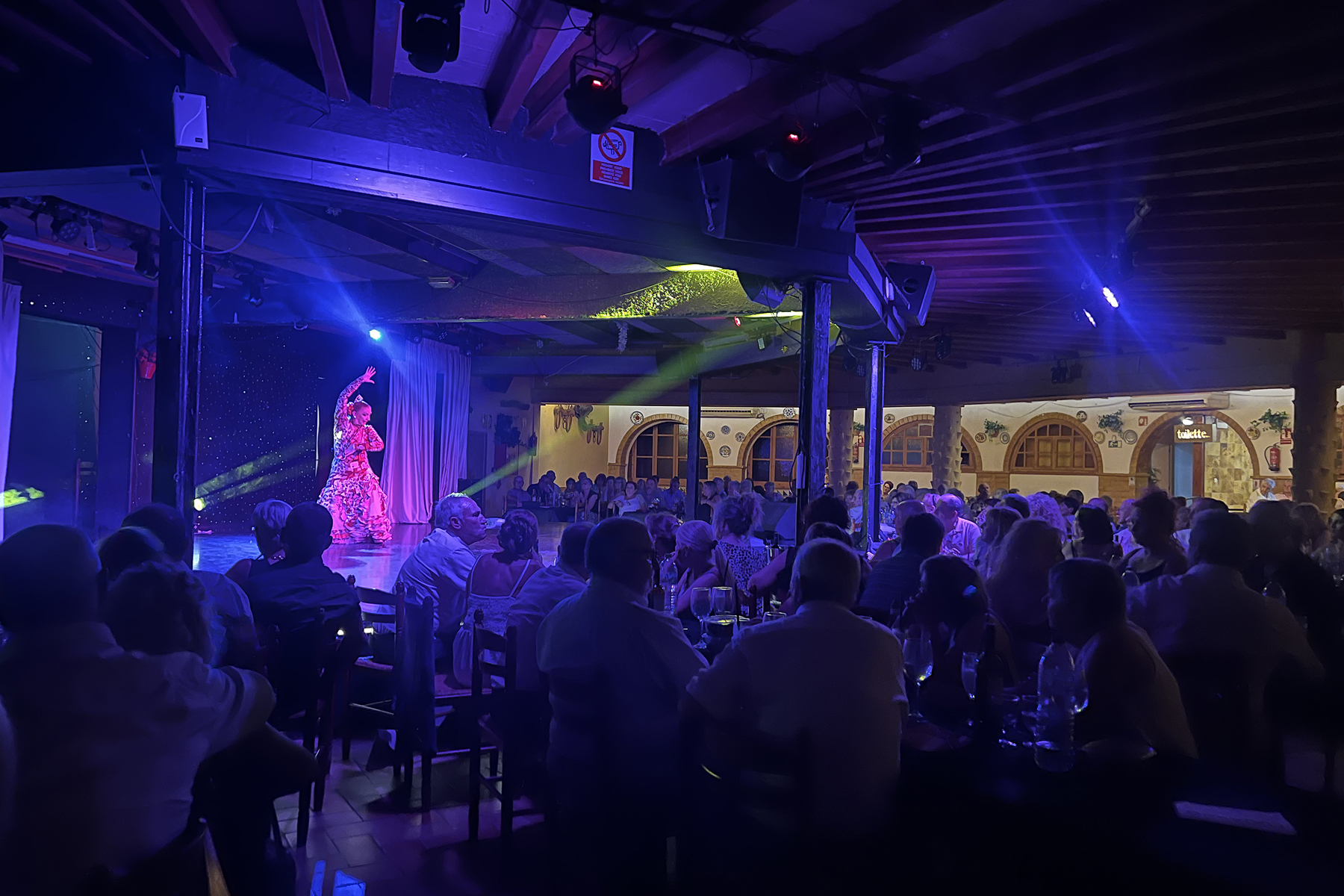 Vista general de la sala de La Masia durante el espectáculo, con una bailarina en el escenario y el público sentado a las mesas.