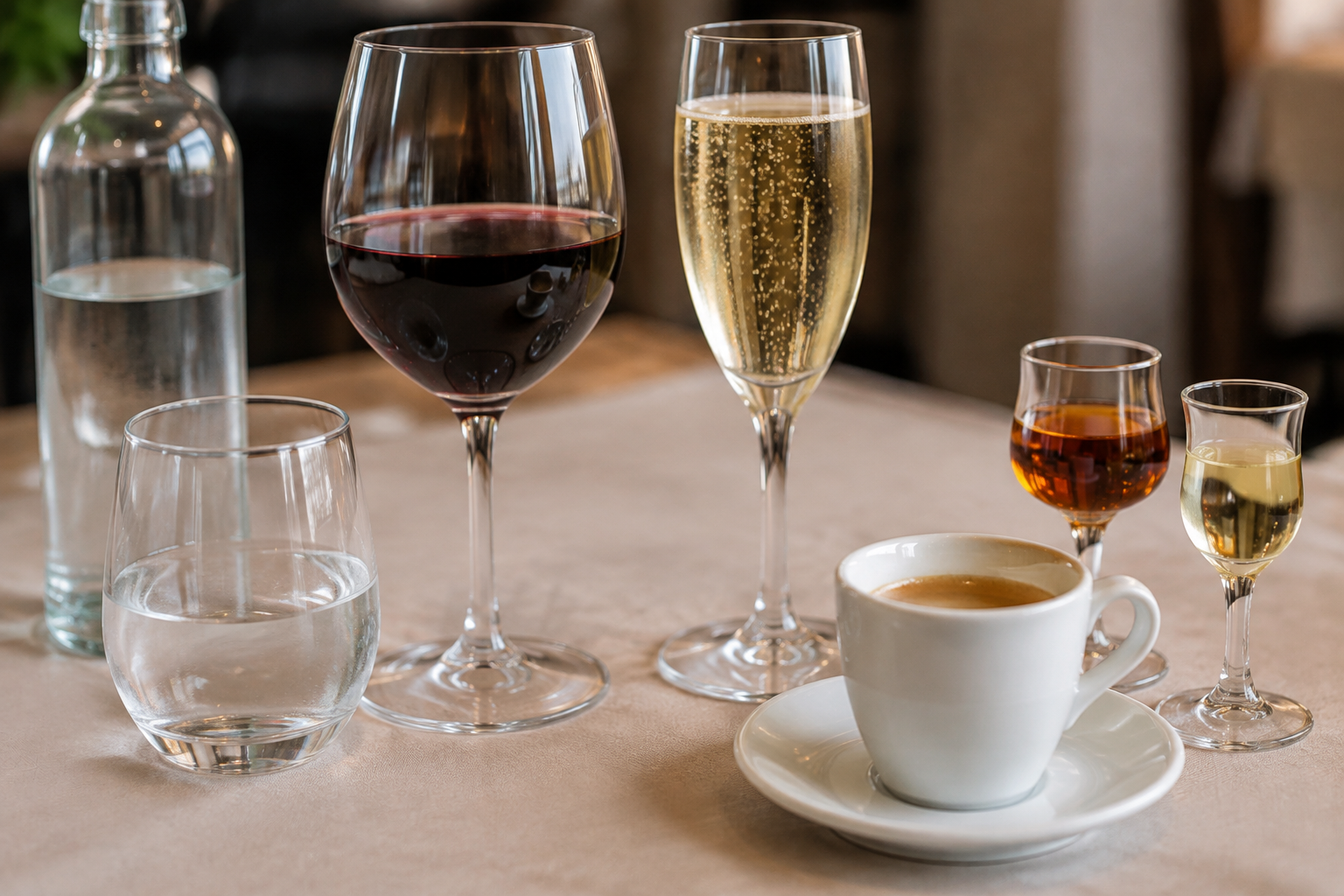 Eau minérale, vin, cava brut, café et liqueurs